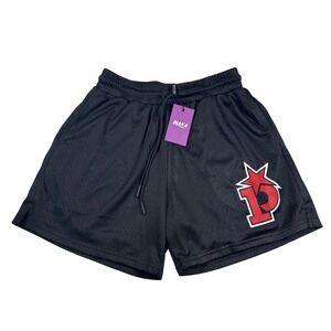 INAKA Mens Black Mesh Athletic Shorts with Red Logo Size M